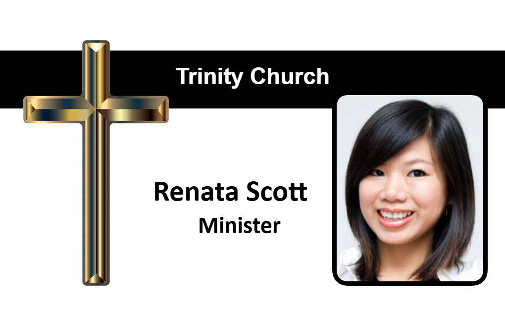 Template id badge featuring a gold cross, "Trinity Church" text, and a smiling woman labeled as Minister; 40mil thick option, wear resistant, waterproof