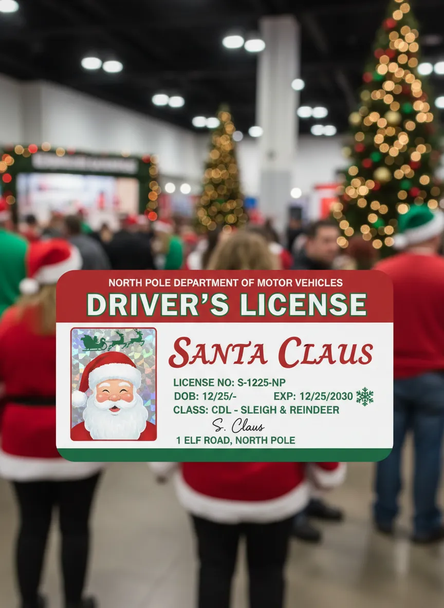 Two color bar ID card, Christmas colors, Santa Claus driver's license, showing photo, name, class, address, signature and expiration date.