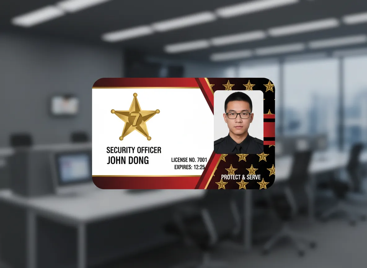 United States flag theme ID badge for a security guard, displaying photo, essential data, equipped with near frequency communication (NFC) chip.