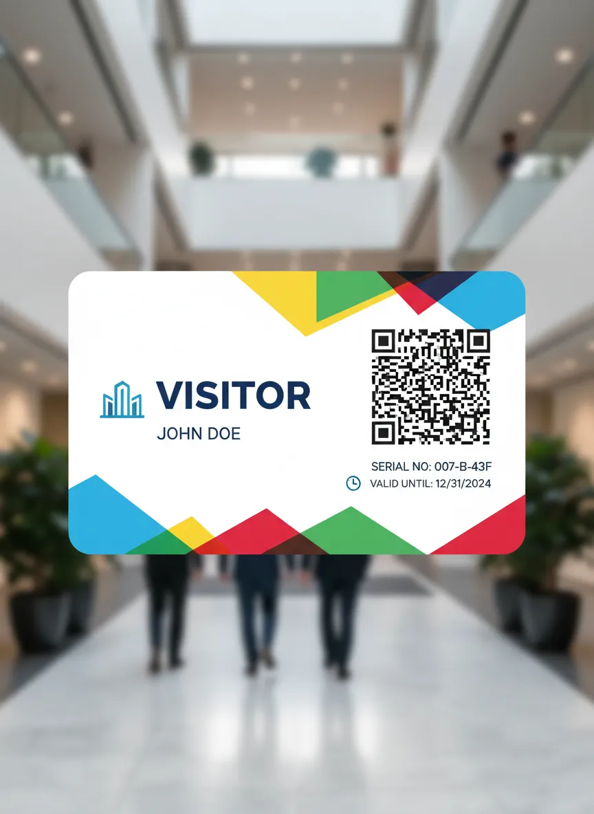 Universal design, no-photo, event pass, with color triangles, venue name, large QR code, sequence number, expiration date, and holder's details