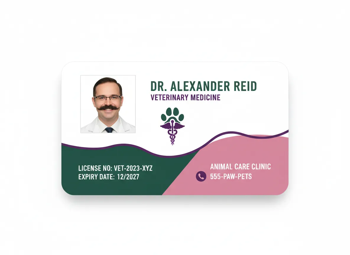 Vet clinic custom ID badge, featuring wavy, green, pink and purple design, caduceus and paw logo, person's photo and basic personal data.
