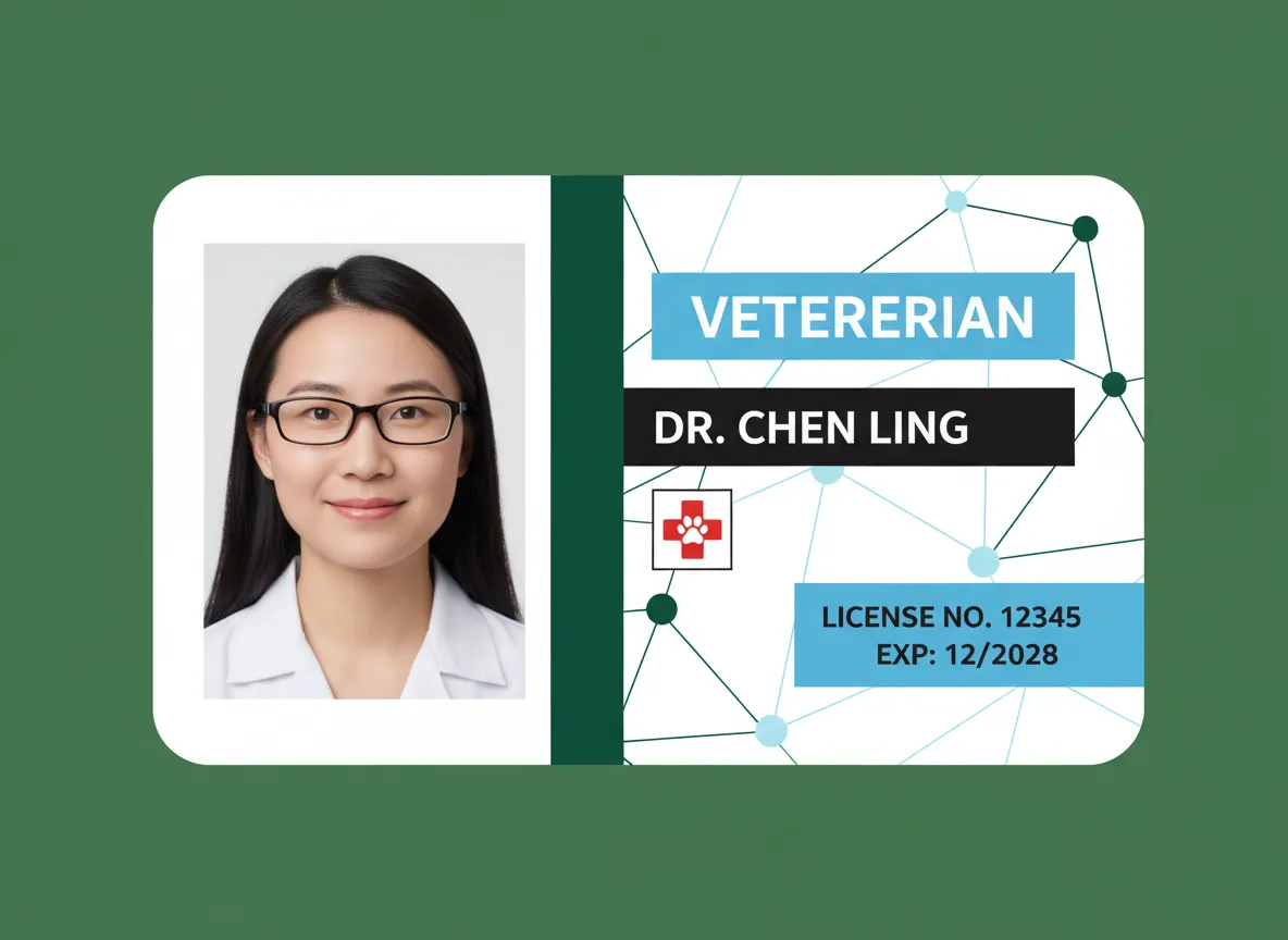 Vet clinic personnel ID card, with photo and data section separated by a green bar, showing information text labels in high contrast conditions, 