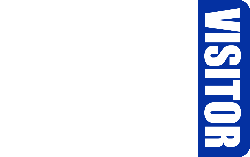 Template for an ID badge or ID card: A blue vertical ribbon on the right side of a white background displays VISITOR in bold white uppercase letters; waterproof, 40mil thick option