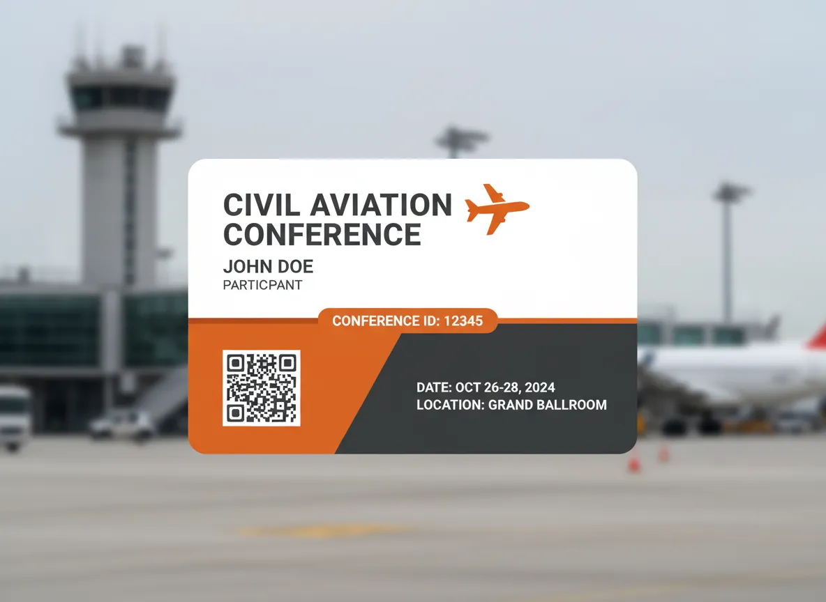 Visitor custom ID badges for a civil aviation conference, no-photo design with event name, participant data and QR code for fastest data access.