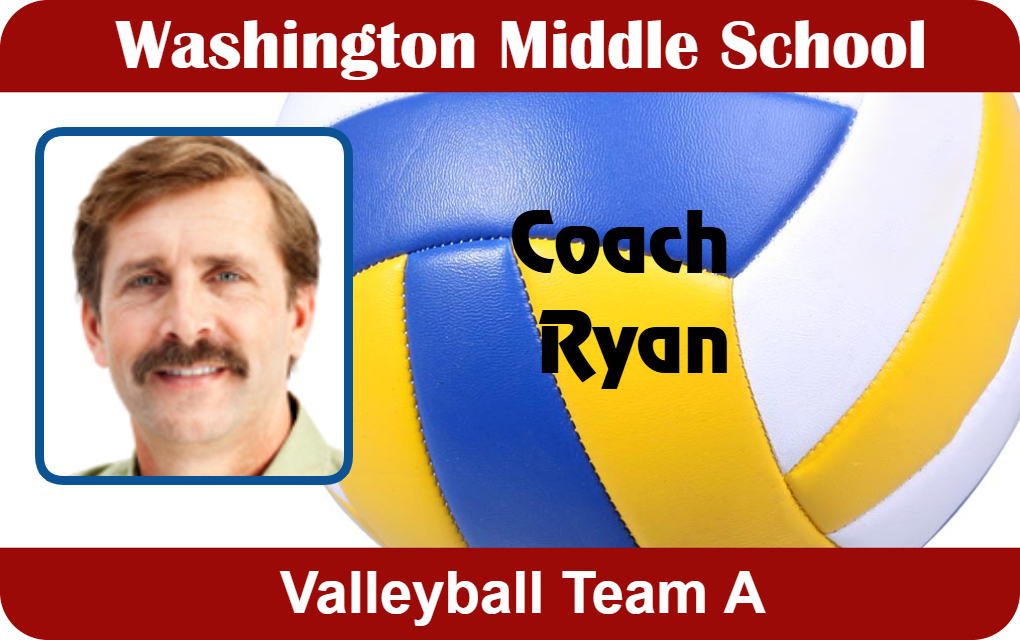 Template ID card features a man's photo, Washington Middle School, Coach Ryan, Volleyball Team A; volleyball graphic in background; durable PVC, waterproof, clear overlay option