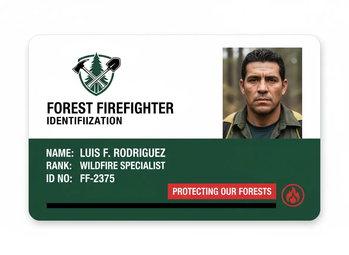 Wildfire prevention unit, firefighter custom ID card, featuring large, green footer, data in white text labels, along with photo and logo at the top.
