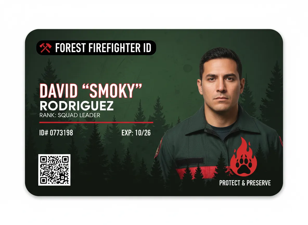 Wildland area firefighter ID card, showing tree images blended into green background, flame and paw print, along with photo, QR code and text.