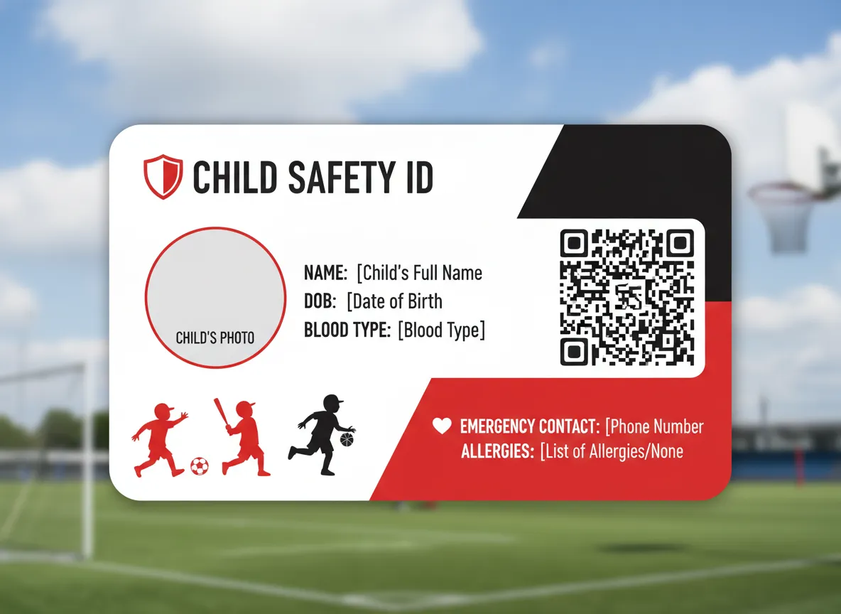 Young athlete child safety ID card, with critical data printed and stored in a QR card for easy access, printed on durable PVC media.