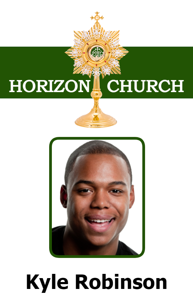 ID badge template featuring a portrait of a smiling young man under a green "HORIZON CHURCH" banner with gold religious emblem; includes waterproof, bend resistant, 40mil thick option