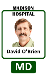 Template ID badge for Madison Hospital with headshot of man with brown hair and mustache. Text shows name and MD title at bottom. Durable PVC, waterproof, clear overlay option