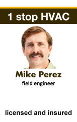 ID badge template for 1 stop HVAC showing a man with light brown hair and mustache, titled field engineer. Licensed and insured. Wear resistant, durable PVC or bend resistant ID card