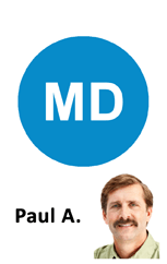 ID badge template featuring a blue circle with bold white "MD" above the name line, and a smiling man with brown hair and mustache at the bottom right. Wear resistant, clear overlay option