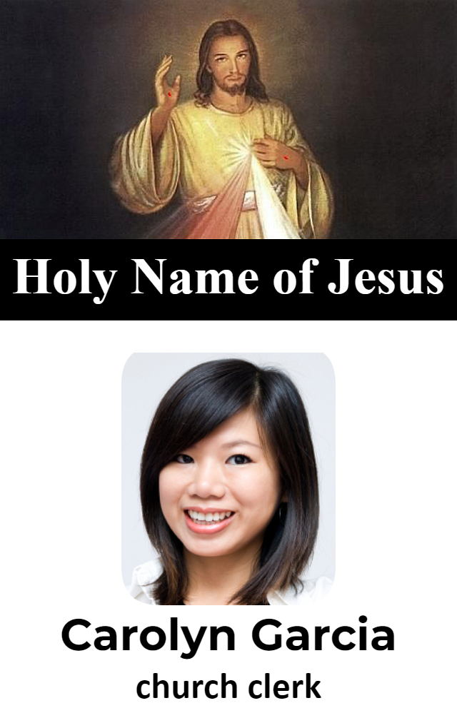 Template for id badge: Portrait of Jesus with raised hand atop a “Holy Name of Jesus” banner, beneath which is a smiling woman labeled as church clerk; waterproof, 40mil thick option