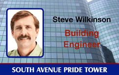 Template ID badge for South Avenue Pride Tower with a man's photo, Building Engineer title, glass office building background; durable PVC, 40mil thick option, waterproof