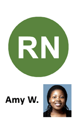 ID card template featuring a green circle with RN in white, headshot of a smiling woman with dark hair, name displayed beside photo, waterproof and bend resistant