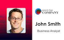 Template ID badge with company logo, smiling man in glasses photo, job title, clear overlay option, durable PVC, 40mil thick