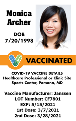 Template ID badge featuring a smiling woman, VACCINATED label, COVID-19 vaccine info with dose dates. Wear resistant, clear overlay option, 40mil thick