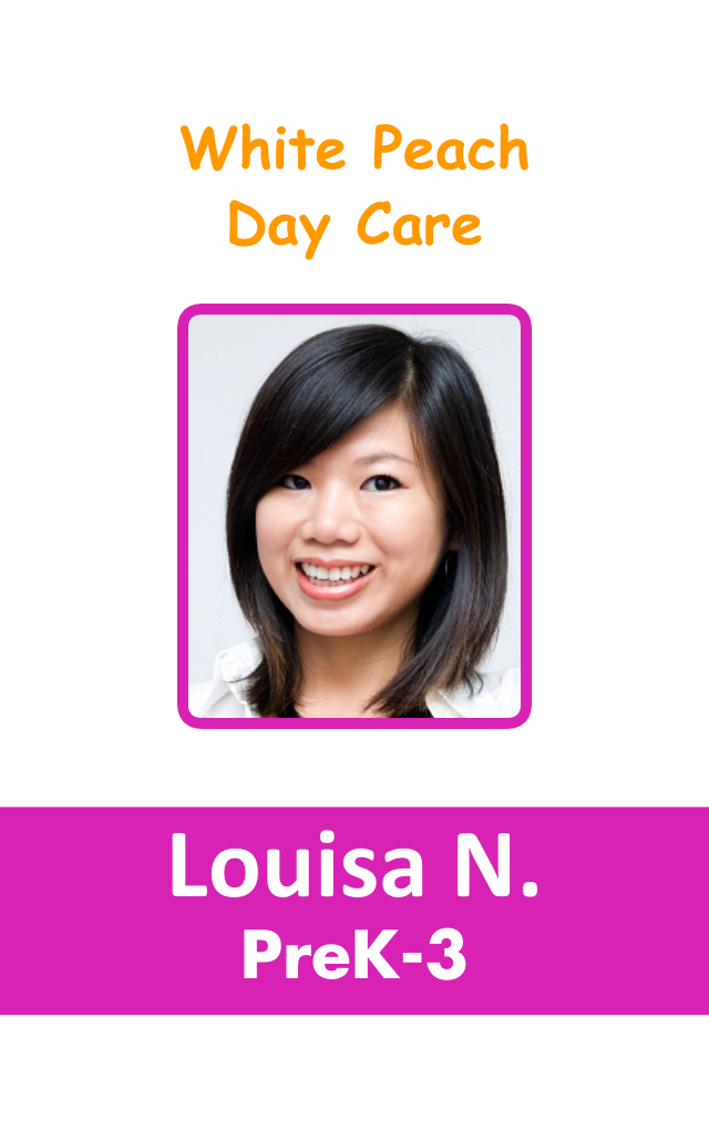 Template ID card featuring a smiling woman with straight black hair on a purple and white background, labeled PreK-3 White Peach Day Care. Durable PVC, waterproof, clear overlay