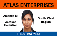 Template Atlas Enterprises ID badge featuring a woman's photo, position, region, and contact details on a durable PVC card; wear resistant and 40mil thick option included