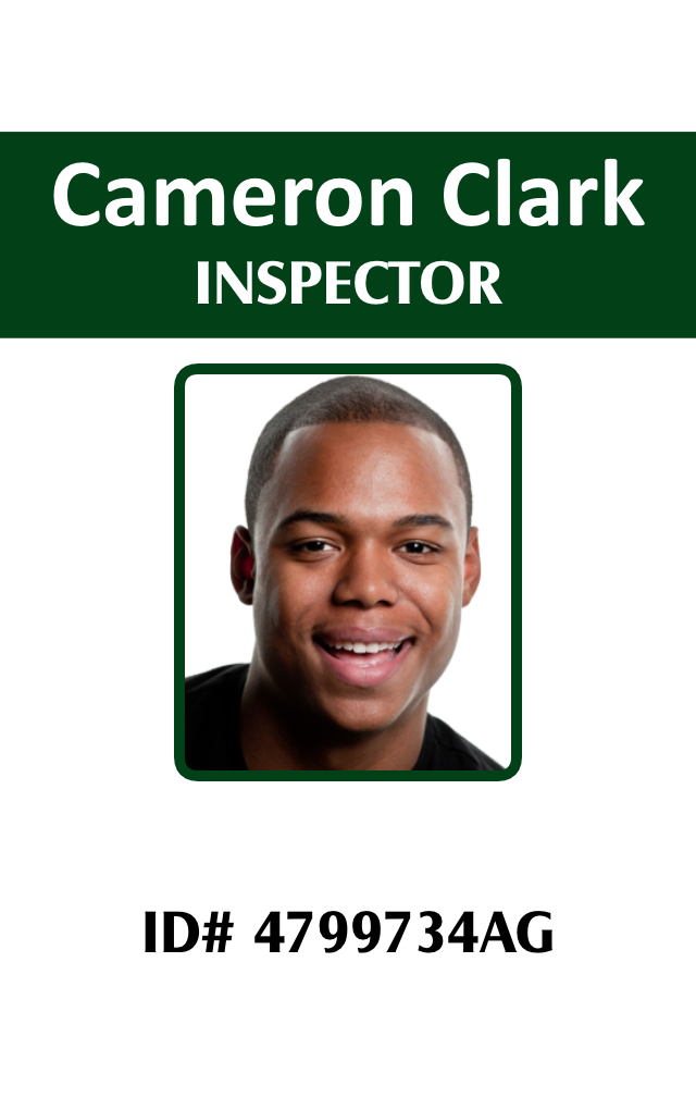 ID badge template for INSPECTOR with a smiling man’s headshot, ID number on white background; wear resistant, 40mil thick option