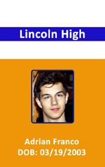Template for an ID card with a student photo and details, orange background, Lincoln High branding. Durable PVC, waterproof, wear resistant, added security holographic overlay option