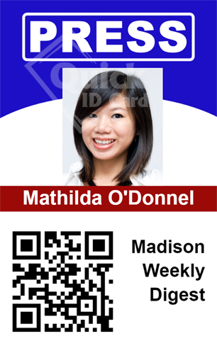 Template ID badge for Madison Weekly Digest with a smiling woman’s photo, name, QR code below details; waterproof, wear resistant, added security holographic overlay option