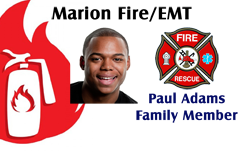 Template ID badge with fire extinguisher icon, young man’s photo, and fire rescue emblem; text for family member role. Durable PVC, waterproof, clear overlay option