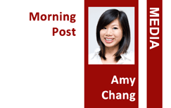 ID badge template featuring a headshot of a smiling woman with shoulder-length dark hair. Red and white background reads: Morning Post, MEDIA, Amy Chang. Wear resistant, waterproof