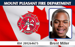 Template ID badge for Mount Pleasant Fire Department with Canadian flag, fire rescue emblem, wearer photo. ID card is waterproof and bend resistant