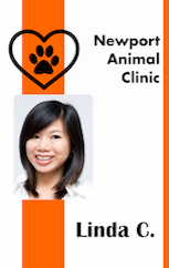 Template ID badge for Newport Animal Clinic featuring a heart and paw print logo, photo of a smiling woman with straight dark hair, wear resistant and 40mil thick option