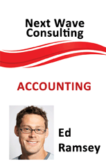 Template business card styled as an id badge for Next Wave Consulting, featuring a red wave design, ACCOUNTING text, photo area, clear overlay option, durable PVC