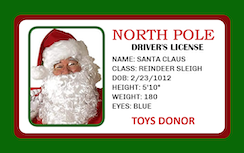 Template North Pole ID card for Santa Claus, features photo, stats, blue eyes, "TOYS DONOR" in red, durable PVC with 40mil thick option and added security holographic overlay