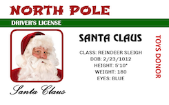 Template North Pole drivers license id card with Santa Claus photo, stats, “Toys Donor” vertically; 40mil thick option, durable PVC, wear resistant