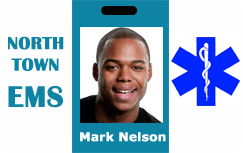 Template ID badge for North Town EMS with a smiling man, name area, blue medical star of life symbol on right; durable PVC, 40mil thick option, clear overlay option