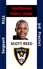 Template ID badge for Northtown Police Dept, Sergeant title, badge 232, 3rd Precinct, police emblem. Waterproof, durable PVC with clear overlay option