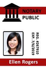 Template for a notary public id badge, featuring a courthouse icon and photo, with name, registration number, and expiration. Durable PVC, bend resistant, clear overlay option