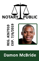 Template Notary Public ID card with scales of justice icon, male smiling portrait, reg #267910, expires 7/6/2019, waterproof and bend resistant with clear overlay option