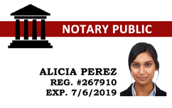Template notary public ID card with a courthouse icon, person photo, reg. number, and expiration date, in a durable PVC, 50mil thick, waterproof, added security holographic overlay option