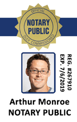 Template id badge with a gold Notary Public seal, portrait of a man with glasses, and sample ID details. Waterproof, bend resistant, 40mil thick option