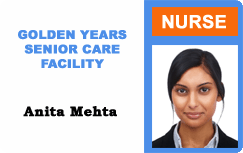 Template ID badge for Golden Years Senior Care Facility, NURSE title, woman with dark hair photo, waterproof durable PVC, 40mil thick option, clear overlay option
