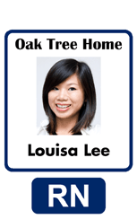 Template ID badge for Oak Tree Home, featuring a smiling woman with straight dark hair, RN blue icon, wear resistant and waterproof PVC, 40mil thick