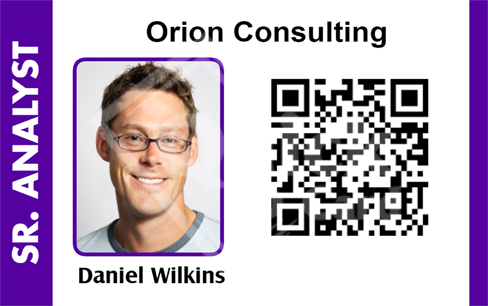 Template ID card for Orion Consulting featuring a headshot of a man with glasses, SR. ANALYST title, prominent QR code on right; waterproof, 40mil thick option included