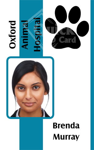 Template ID card for Oxford Animal Hospital featuring a black paw print, photo of dark-haired woman, and name at the bottom; waterproof, bend resistant, durable PVC