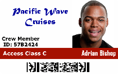 Template ID badge for Pacific Wave Cruises, crew member photo, Access Class C, ID number and barcode on bottom. Wear resistant, 40mil thick option, added security holographic overlay option