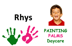 Template for PAINTING PALMS Daycare id card: smiling child above Rhys, green and pink handprints, clear overlay option, 40mil thick option, waterproof, wear resistant