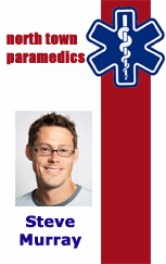 North Town Paramedics ID badge template featuring a blue emergency medical symbol logo and a smiling man’s photo, durable PVC, waterproof, added security holographic overlay option