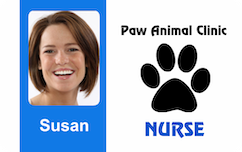 Template id badge featuring a smiling woman’s photo, “Paw Animal Clinic, Nurse,” large black paw print, 40mil thick option, waterproof, clear overlay option