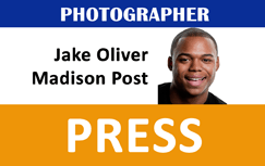 Template id badge featuring a photographer press card with headshot, publication name, bold PRESS at the bottom; durable PVC, bend resistant, clear overlay option