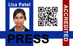Template ID card showing a woman’s photo, “PRESS” label, QR code, a red “ACCREDITED” stripe; durable PVC, waterproof, 40mil thick option, wear resistant