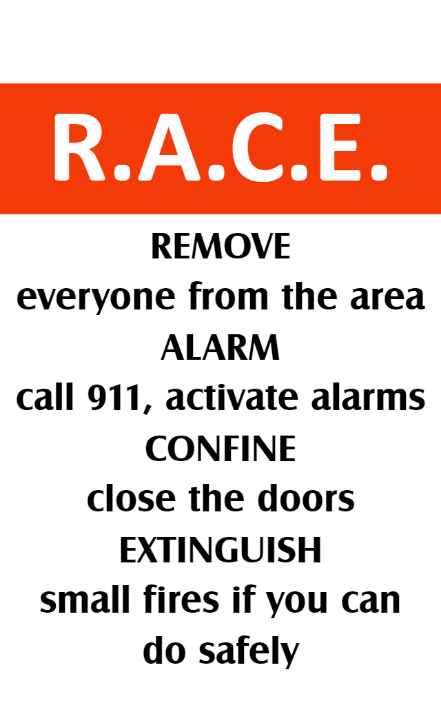 Template for fire emergency steps on an id card featuring R.A.C.E. in bold red, with Remove, Alarm, Confine, Extinguish details, 40mil thick option, bend resistant, waterproof